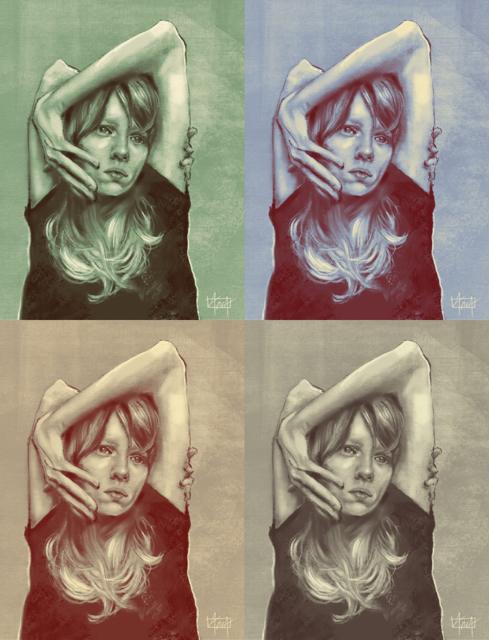 Four-panel pop art style portrait in the manner of Andy Warhol