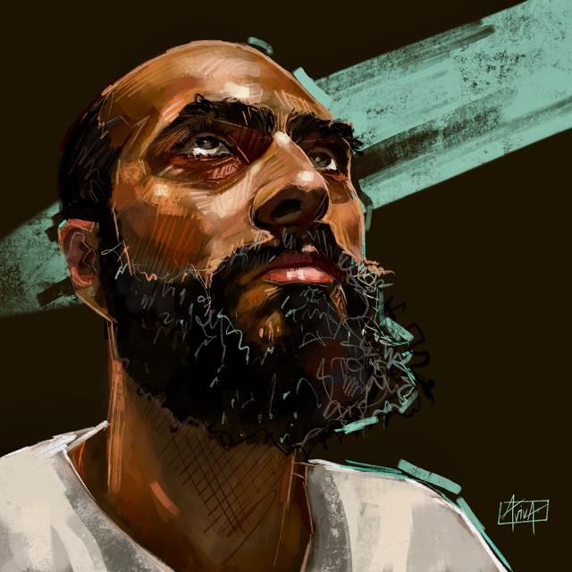 Portrait of a bearded man looking up, lit by teal light streaks