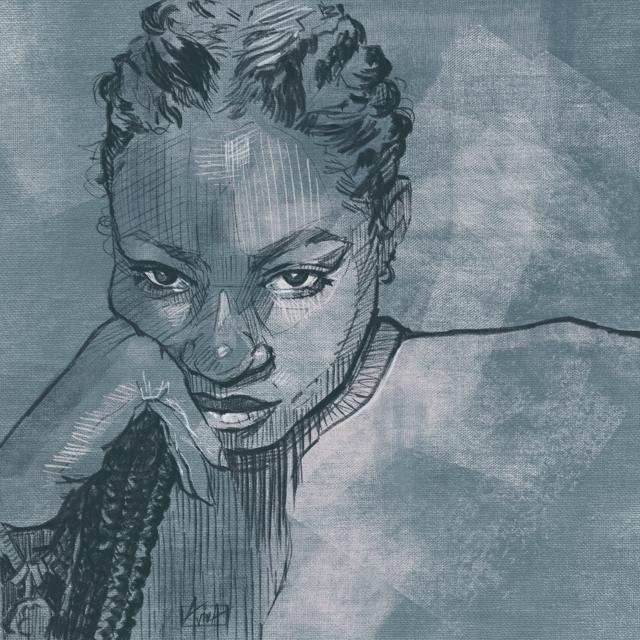 Blue-toned sketch portrait of a woman resting her chin on her hand