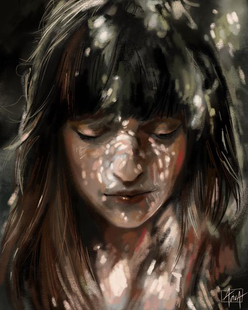 Dappled light falling across a face through leaves