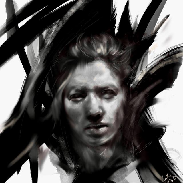 Portrait obscured by expressive dark brush strokes