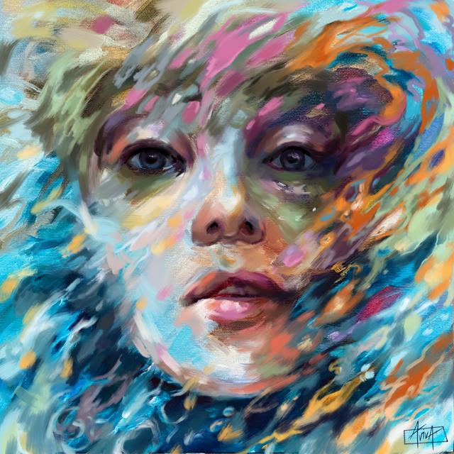 A face dissolving into swirling water