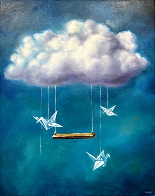 Surreal painting of a cloud with a swing and paper cranes