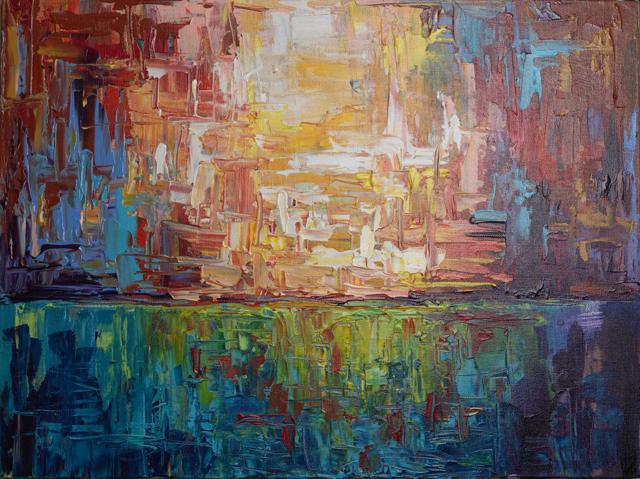 Warm impasto sunset over water