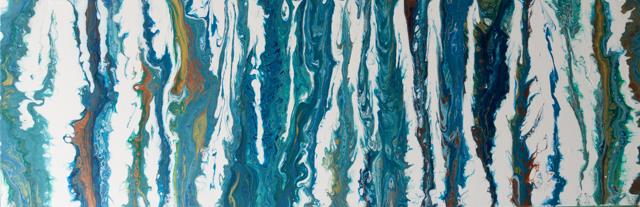Horizontal painting of teal and white wave patterns