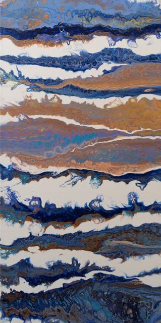 Vertical painting of tan and blue marbled waves