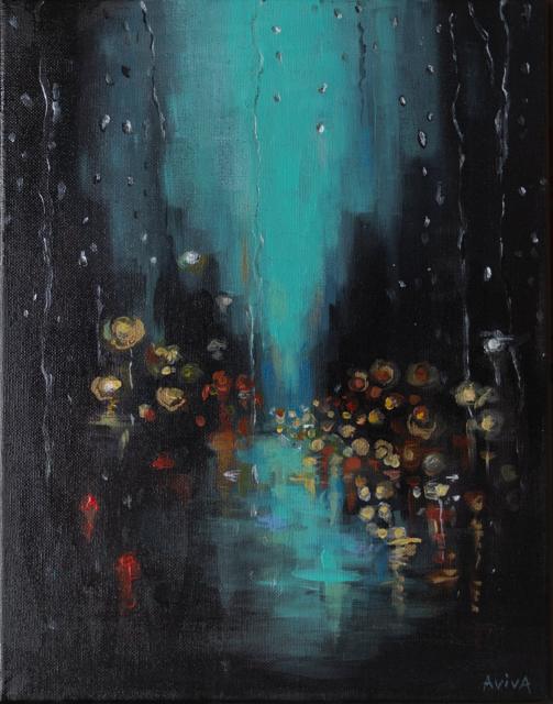 Dark atmospheric painting with warm bokeh lights