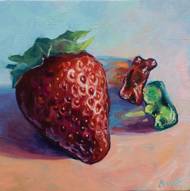 Still life of a strawberry and cherries
