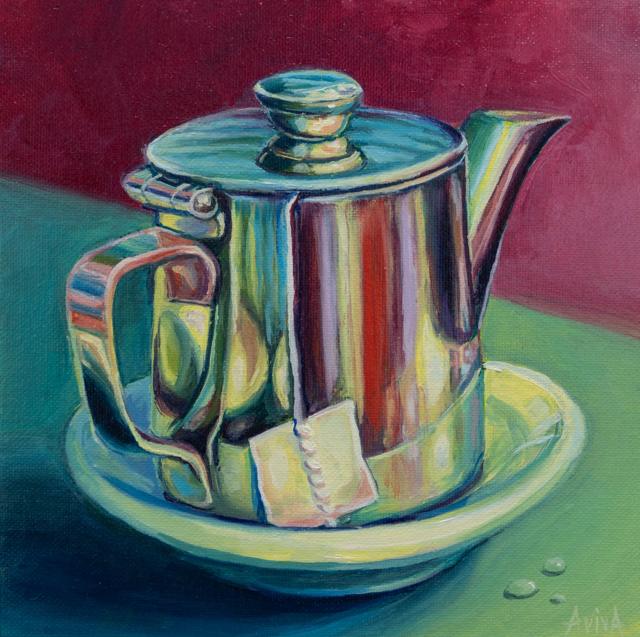 Reflective metal teapot still life
