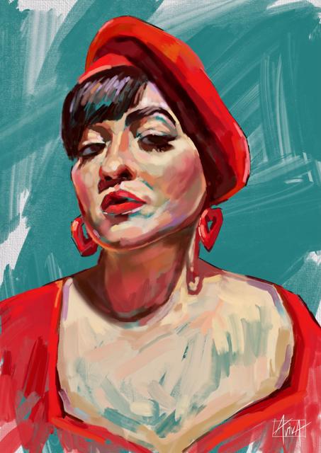 Portrait of a woman in a red beret against a teal background
