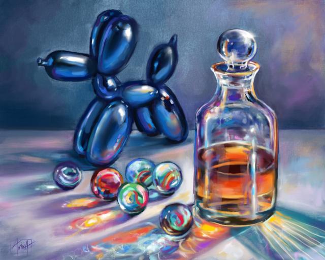 A chrome balloon dog, glass decanter, and marbles reflecting colorful light