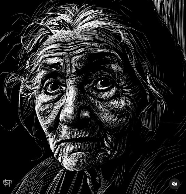 Scratchboard style portrait of an elderly woman