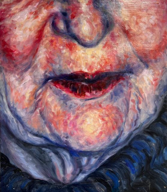 Pointillist close-up portrait of an elderly woman's face