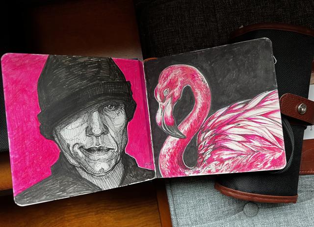 Ink and marker sketchbook spread, a portrait and a flamingo