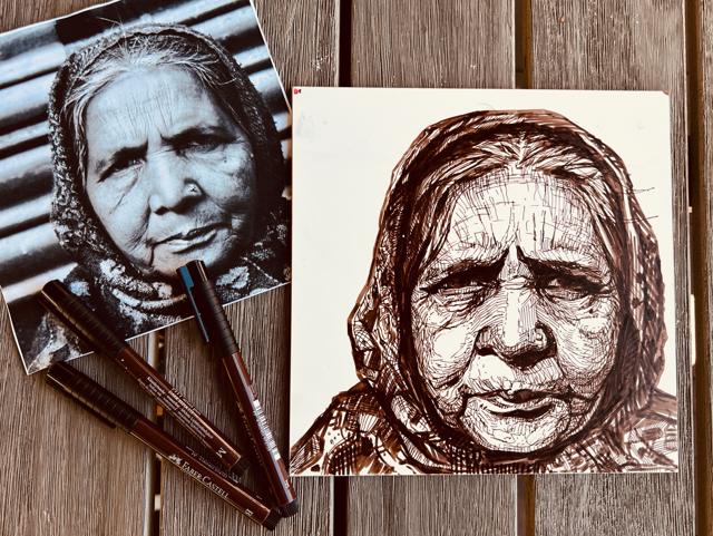 Ink portrait drawing next to its photo reference