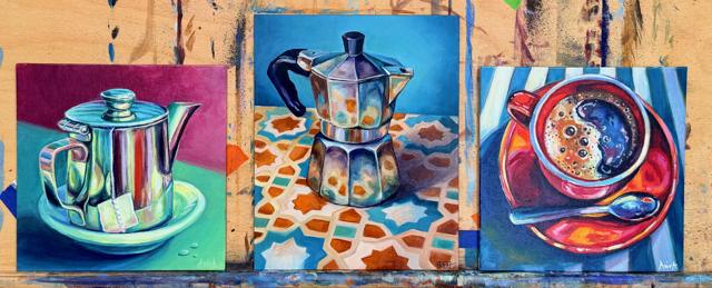 Three still life paintings displayed together