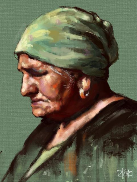 Portrait of an elderly woman in a green head covering