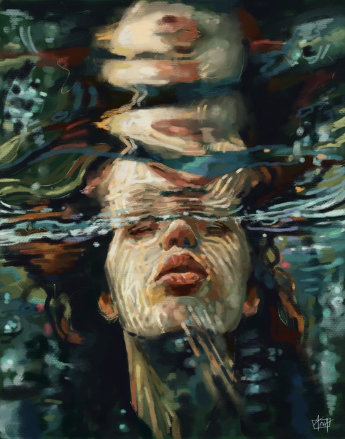 A face submerged just beneath a rippling water surface, doubled in reflection